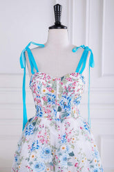 Tie Shoulder Blue Floral Embroidery Tea Length Prom Dress